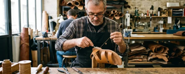 Artisan maroquinier français cousant à la main une sandale en cuir camel sur un établi en bois dans un atelier contemporain avec outils traditionnels