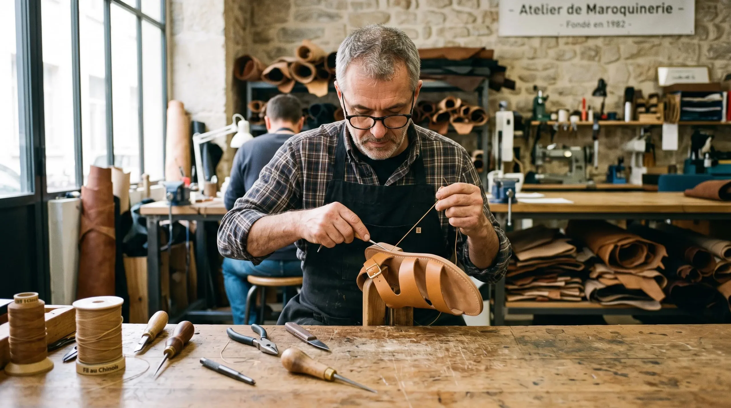 Artisan maroquinier français cousant à la main une sandale en cuir camel sur un établi en bois dans un atelier contemporain avec outils traditionnels