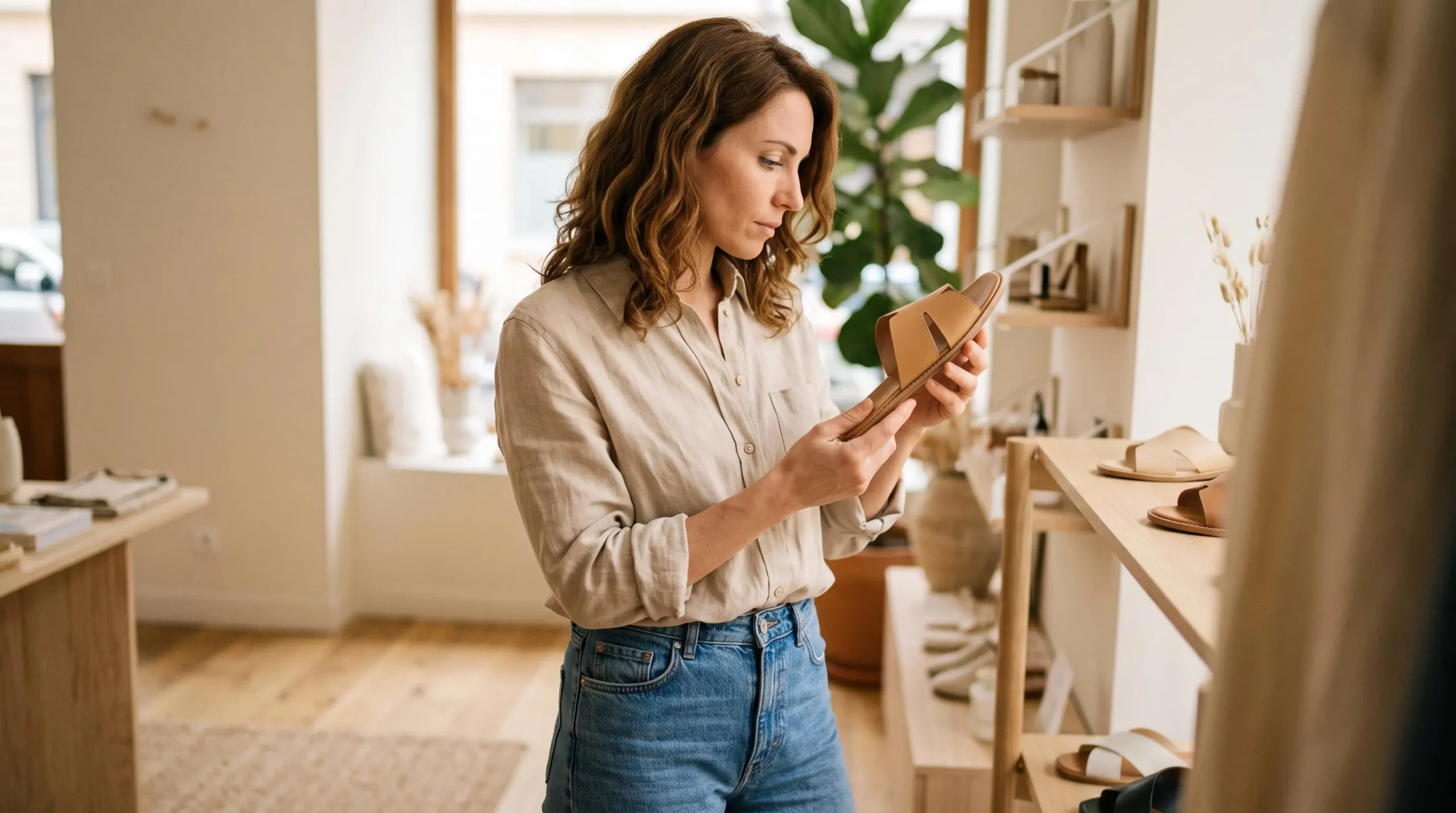 Femme trentenaire examinant attentivement une sandale en cuir camel minimaliste dans une boutique de mode responsable française